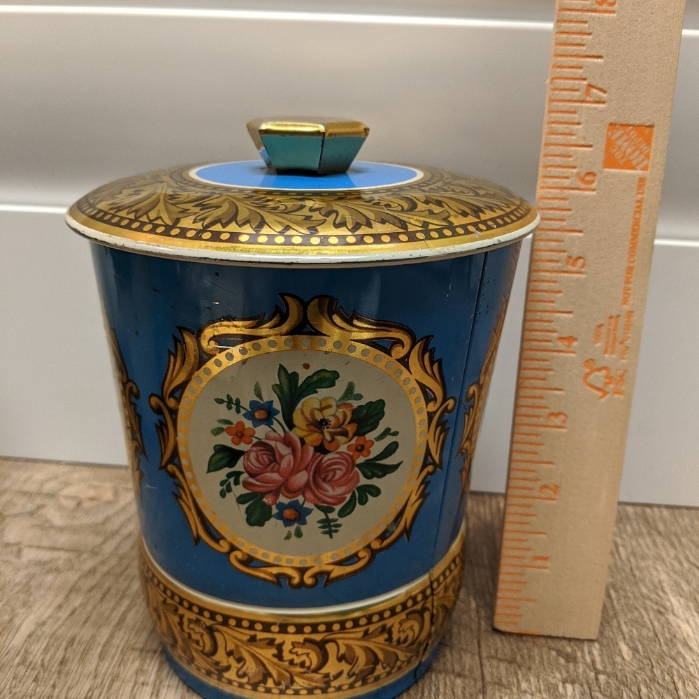 Vintage Blue Floral Tin England Tea  Coffee Button
